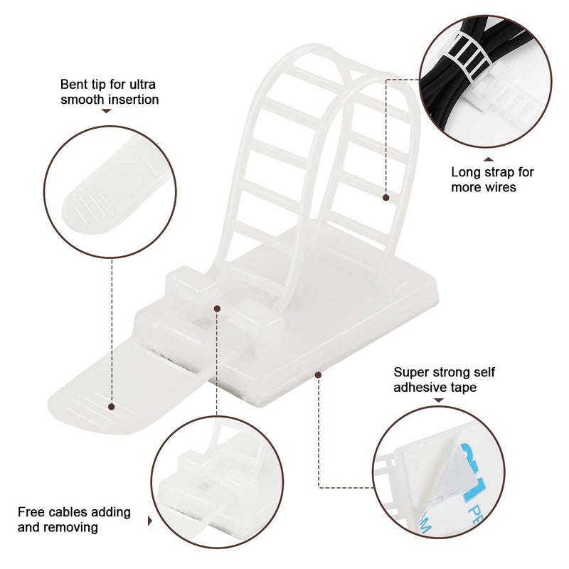 VAMRONE 50Pcs Adhesive Cable Management Clips with 50Pcs Zip Ties, Adjustable Nylon Cable Strap Ties Wire Clips Clamps Organizer, Extra Screw & Hole - 3.55 Inch White - Image 3